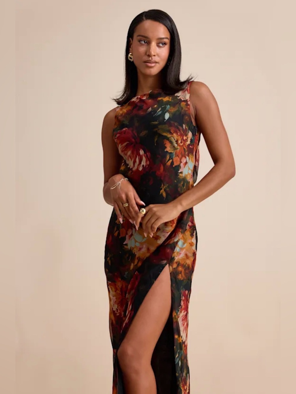 Yaneli Black Multi Floral Boat Neck Cowl Back
Maxi Dress